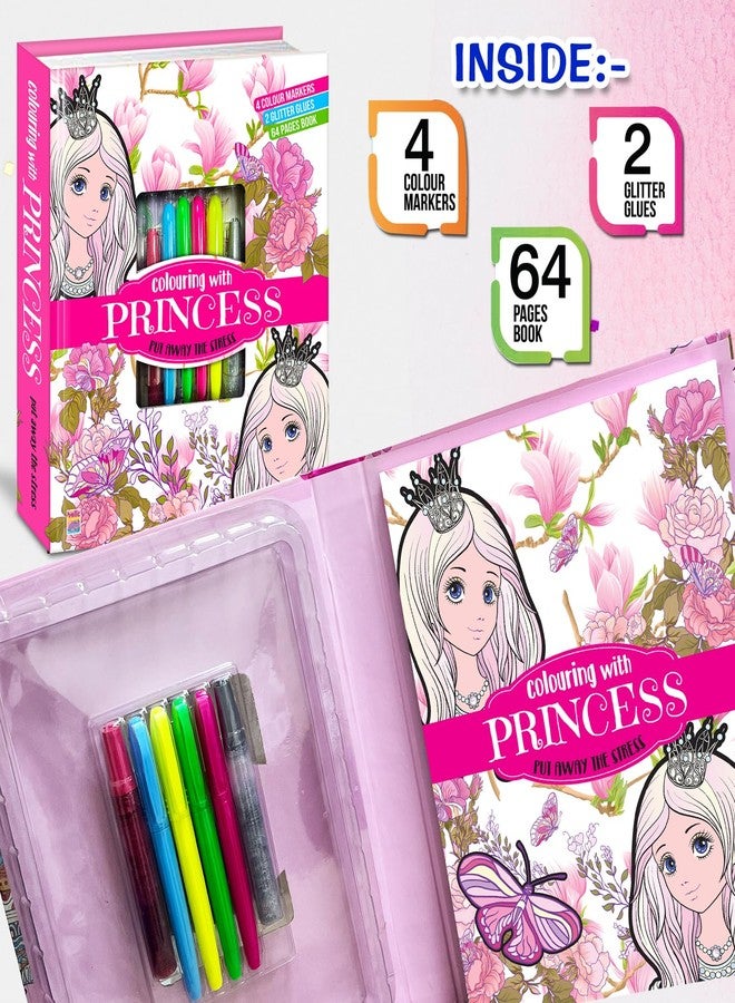 BRIJBASI مجموعة تلوين BRIJBASI Hello Friend Princess Combo Kit مع 4 أقلام نيون وأنبوبين لامعين + 32 صفحة من دفتر التلوين، 4 سنوات فأكثر. - Image 3